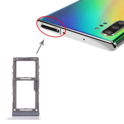 Samsung SIM and Micro SD Card Tray for Galaxy Note10+ Daily Use replacement tray shown inserted in phone and removed beside device