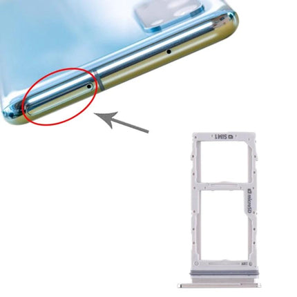 Essential SIM Card Tray for Samsung Galaxy S20 Daily Use - white replacement micro SD and SIM tray shown next to phone slot