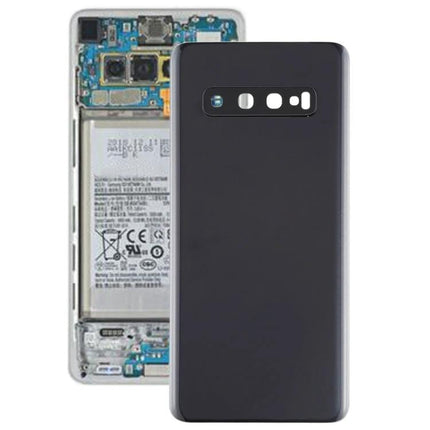 Samsung Galaxy S10 Replacement Back Cover for Everyday Use — black replacement back cover shown beside Galaxy S10 internals