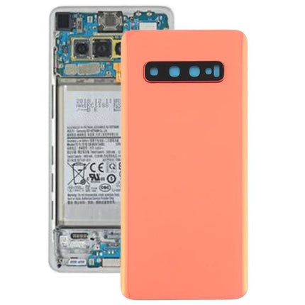 Samsung Galaxy S10 Replacement Back Cover for Everyday Use showing coral back panel with camera cutout and exposed phone internals