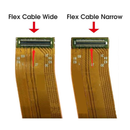 Replacement Screen for Samsung Galaxy A01 Daily Repairs - close-up of wide vs narrow flex cable connectors for screen assembly