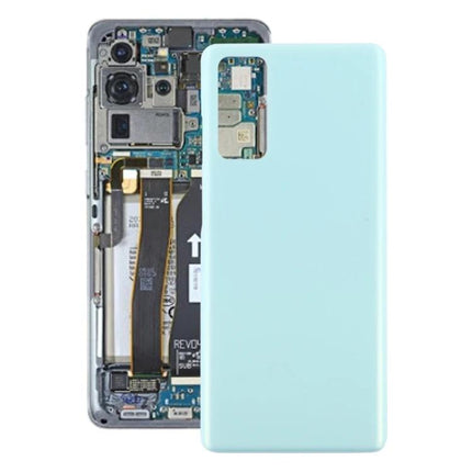 Samsung Galaxy S20 FE Back Cover for Everyday Repairs visible light blue replacement cover next to opened phone showing internal components