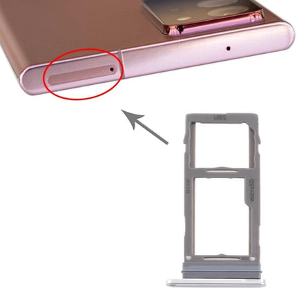 Samsung Galaxy Note20 Ultra SIM and SD Card Tray for Daily Mobile Use - replacement dual SIM + microSD tray shown beside rose gold phone