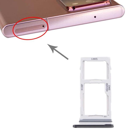 Alt Tag: Keep Your Galaxy Note20 Ultra Connected with Samsung SIM Tray showing white replacement SIM and microSD tray next to phone slot