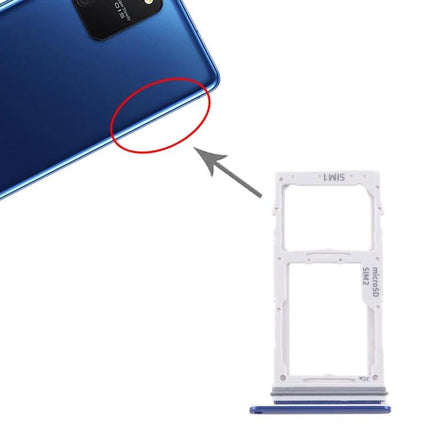 Essential Samsung SIM Card Tray for Daily Mobile Essentials — white dual SIM microSD tray beside blue Samsung phone with red circle indicating tray slot