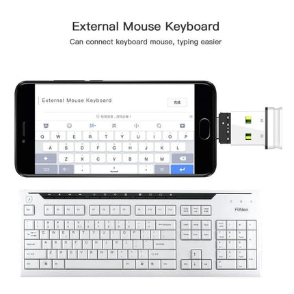 Compact USB-C Adapter for On-the-Go Phone Data Transfer connecting phone to USB keyboard and mouse for file management on the go