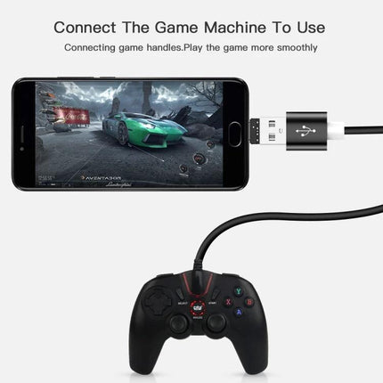 Compact USB-C Adapter for On-the-Go Phone Data Transfer showing phone connected to USB drive and game controller for on-the-go file transfers