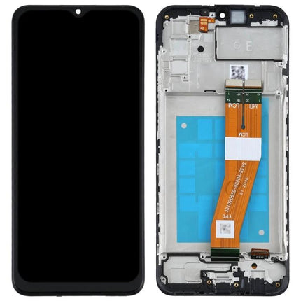 Samsung Galaxy A02s Replacement Screen for Daily Phone Use - full LCD, digitizer and frame assembly for SM-A025F, black front and back view