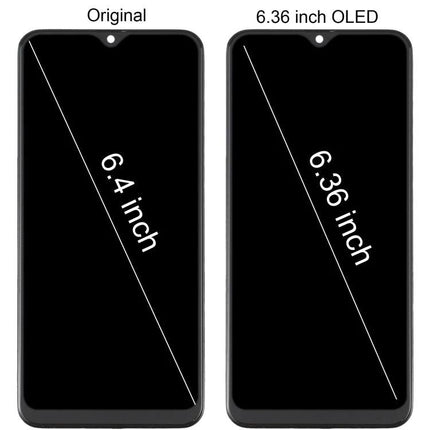 Replacement Screen for Samsung Galaxy A30S Everyday Use - replacement LCD and touch digitizer assembly shown side-by-side 6.4in vs 6.36in
