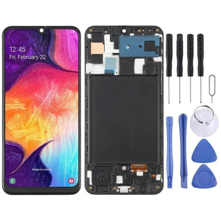 Samsung Galaxy A50 Replacement Screen for Daily Repairs showing front display, replacement assembly and repair tools kit