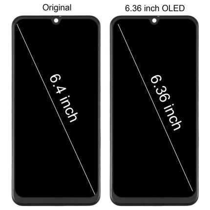 Samsung Galaxy A50 Replacement Screen for Daily Repairs - 6.36 inch OLED replacement display side-by-side with original 6.4 inch