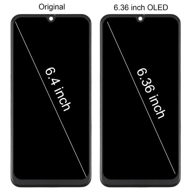 Samsung Galaxy A50 Replacement Screen for Daily Repairs - 6.36 inch OLED replacement display side-by-side with original 6.4 inch