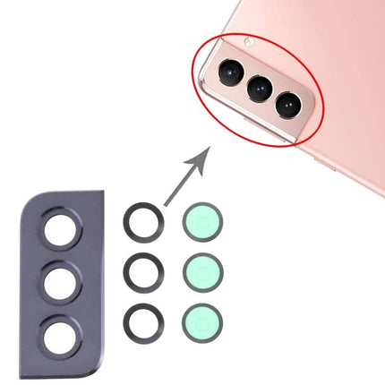 Replacement Camera Lens Cover for Samsung Galaxy S21 Daily Use shown with triple-lens cover and replacement glass rings for clear photos