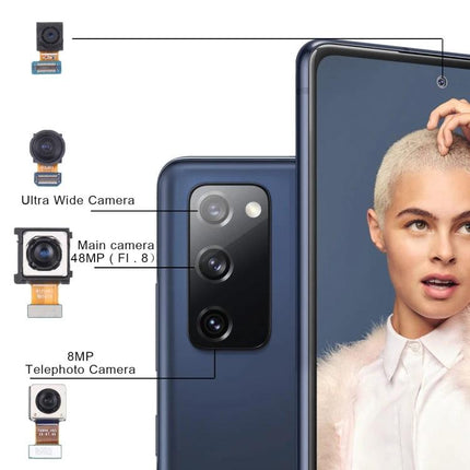 Replace your Samsung Galaxy S20 FE camera for daily use - replacement telephoto, wide and main 48MP camera parts shown on phone
