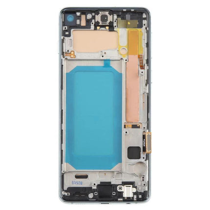 Samsung Galaxy S10 Replacement Screen for Daily Phone Use shown as front assembly with frame, connectors, and blue protective film