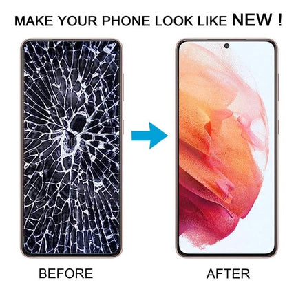 Samsung Galaxy S21 Screen for Daily Phone Communication - before cracked display and after replacement showing clear, responsive screen