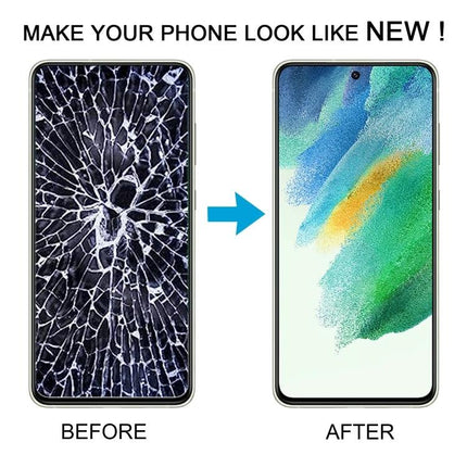 Samsung Galaxy S21 FE Replacement Screen for Daily Repairs showing cracked before and restored after display