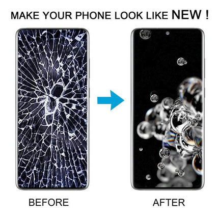 Galaxy S20 Ultra Replacement Screen for Everyday Repairs - before and after cracked to restored display