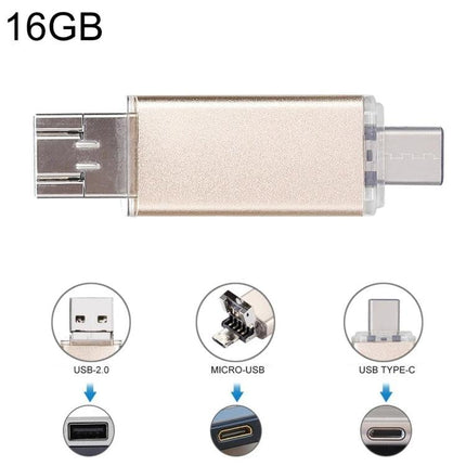 Compact USB Drive for Storing Everyday Files on Devices - 16GB dual USB-A micro-USB USB-C plug-and-play metal flash drive