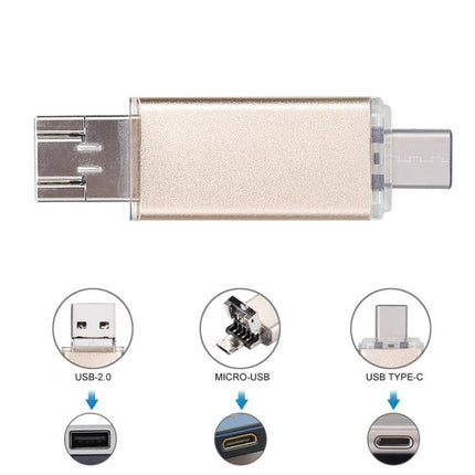 Compact USB Drive for Storing Everyday Files on Devices - gold dual USB Type-C and Micro-USB plug-and-play flash drive