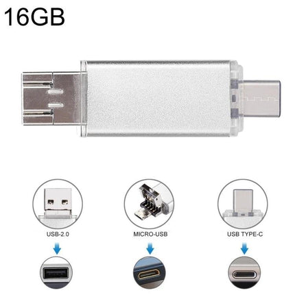 Compact USB Drive for Storing Everyday Files on Devices - 16GB silver dual USB-A, Micro-USB and USB Type-C plug-and-play storage