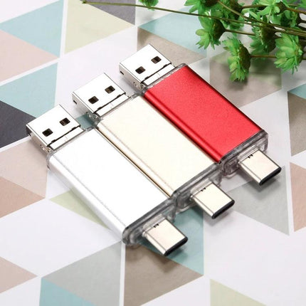 Compact USB Drive for Storing Everyday Files on Devices shown in three colors (red, gold, silver) with USB-A and USB-C connectors