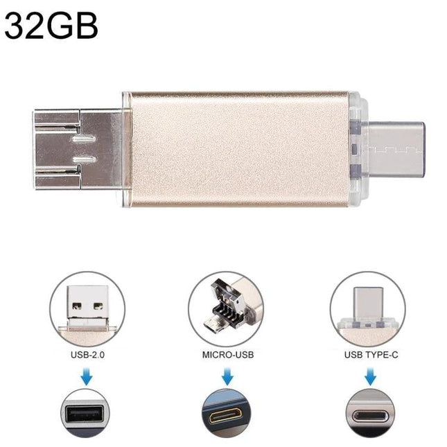 A Compact 32GB USB Drive for Daily File Transfers on Devices - gold dual USB Type-C and Micro-USB plug-and-play flash drive