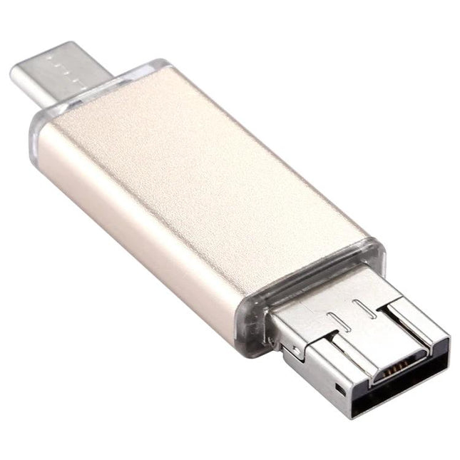 A Compact 32GB USB Drive for Daily File Transfers on Devices - gold micro USB and USB-C adapter for plug-and-play phone to PC backups