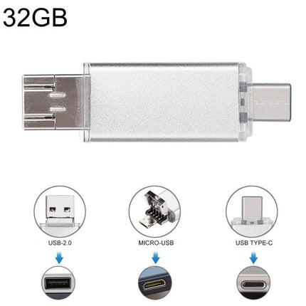 A Compact 32GB USB Drive for Daily File Transfers on Devices - silver USB 2.0, micro-USB and USB Type-C plug-and-play storage