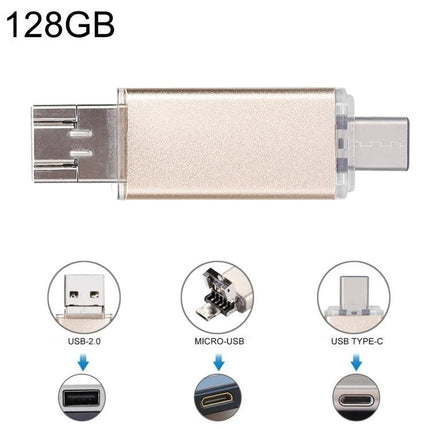 Versatile Flash Drive for Everyday Data Storage and Travel - 128GB gold dual USB, Micro-USB and USB-C compatible for phone, tablet, laptop