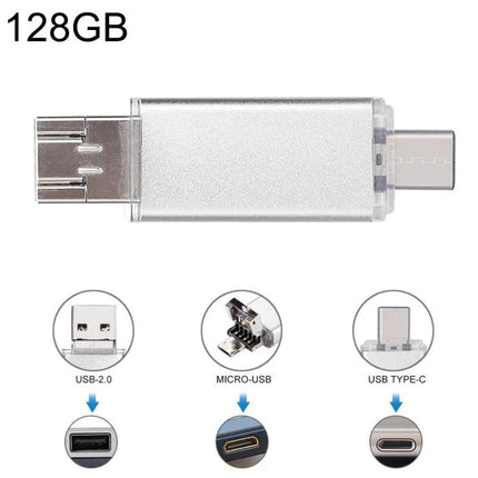 Versatile Flash Drive for Everyday Data Storage and Travel - 128GB silver USB, Micro-USB and USB-C dual connectors for smartphone, laptop, tablet