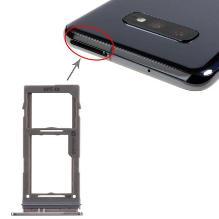 Samsung Galaxy S10 Series SIM and SD Card Tray for Daily Phone Use - replacement tray shown next to Galaxy S10 with tray slot