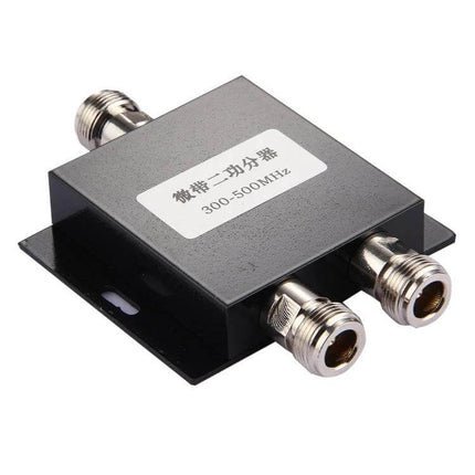 N Female 2-Way Power Splitter for Indoor Communication Systems black 300-500MHz metal housing with three N-type connectors