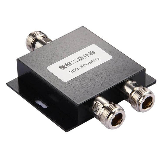 N Female 2-Way Power Splitter for Indoor Communication Systems black 300-500MHz metal housing with three N-type connectors