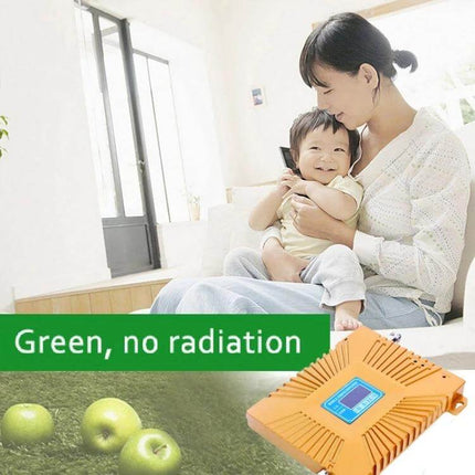 Compact Mini Signal Repeater for Mobile Coverage in Homes and Offices - orange indoor booster showing family using phone, supports GSM900 WCDMA2100