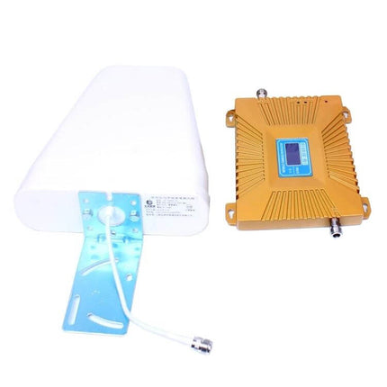 Compact Mini Signal Repeater for Mobile Coverage in Homes and Offices — white panel antenna and gold indoor amplifier for GSM900/WCDMA2100
