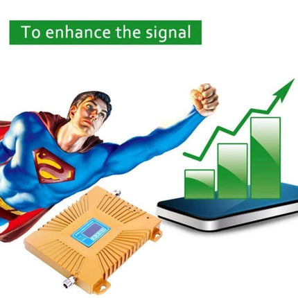 Compact Mini Signal Repeater for Mobile Coverage in Homes and Offices showing superhero boosting phone signal and device