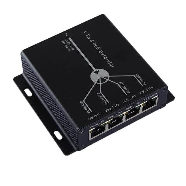 Four-Port POE Extender for IP Cameras and Network Devices black metal 4-port POE extender showing Ethernet ports and mounting ears