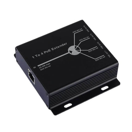 Four-Port POE Extender for IP Cameras and Network Devices - black 1-to-4 PoE extender box for extending power and data to IP cameras