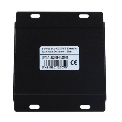 Four-Port POE Extender for IP Cameras and Network Devices - black metal 4-port 10/100M PoE extender with mounting brackets