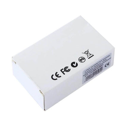 Plug and Play POE Extender for IP Cameras and Network Devices white retail box showing certification marks, compact plug-and-play PoE extender packaging