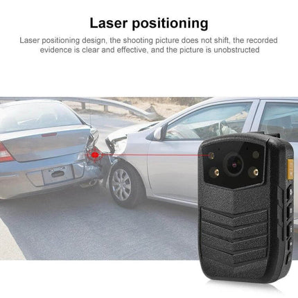 ZF902 Waterproof Mini DVR for Law Enforcement Recording showing laser-positioning body camera documenting a vehicle accident scene