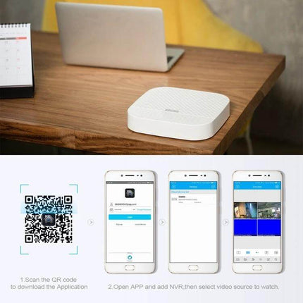 ESCAM PVR204 NVR for Monitoring IP Camera Systems Effectively - white NVR on desk with mobile app QR code and live camera feeds