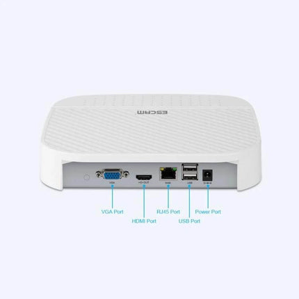 ESCAM PVR204 NVR for Monitoring IP Camera Systems Effectively rear ports view with VGA HDMI RJ45 USB and power