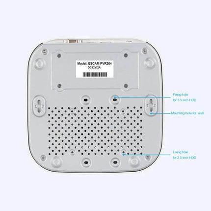 ESCAM PVR204 NVR for Monitoring IP Camera Systems Effectively underside view showing mounting holes and ventilation ports