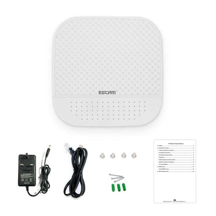 ESCAM PVR204 NVR for Monitoring IP Camera Systems Effectively - white NVR unit with power adapter, Ethernet cable, screws and manual