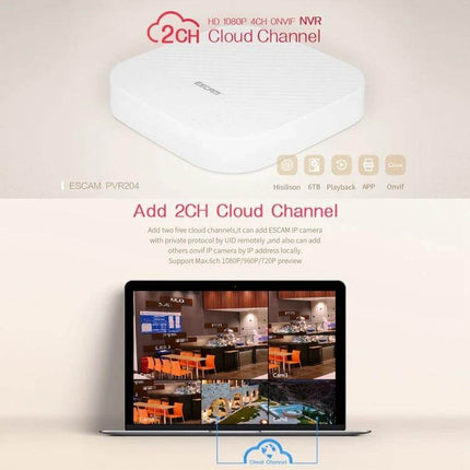 ESCAM PVR204 NVR for Monitoring IP Camera Systems Effectively - white 2CH cloud NVR device with laptop showing multi-camera surveillance feeds