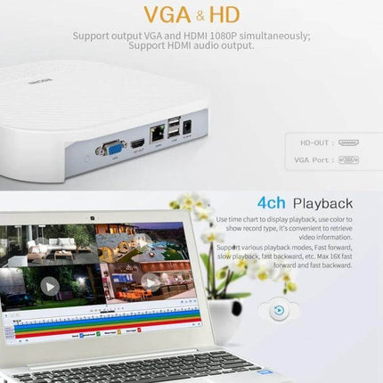 ESCAM PVR204 NVR for Monitoring IP Camera Systems Effectively - white NVR device with VGA, HDMI ports and 4ch playback on laptop