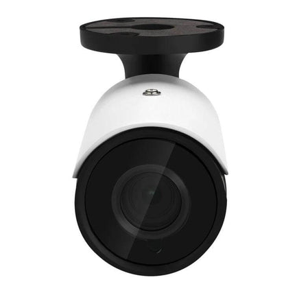 Indoor Outdoor Security Camera with Auto Focus Zoom Lens in white and black bullet-style housing, front view showing lens and mount