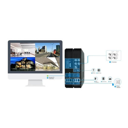 Indoor Outdoor Security Camera with Auto Focus Zoom Lens showing monitor views and connection diagram for home and business surveillance